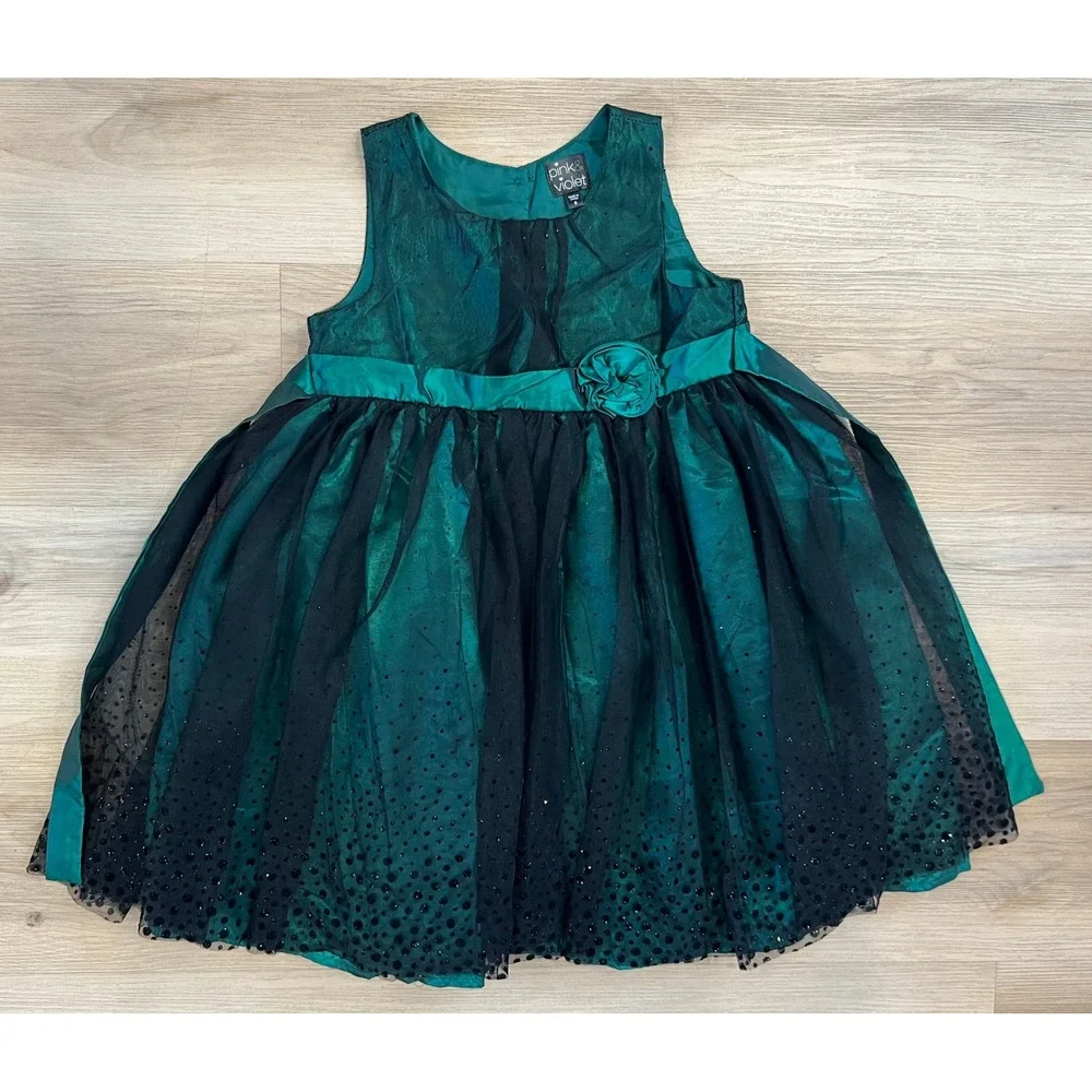 Girls Fancy Dress size 6 Green Black Jeweled